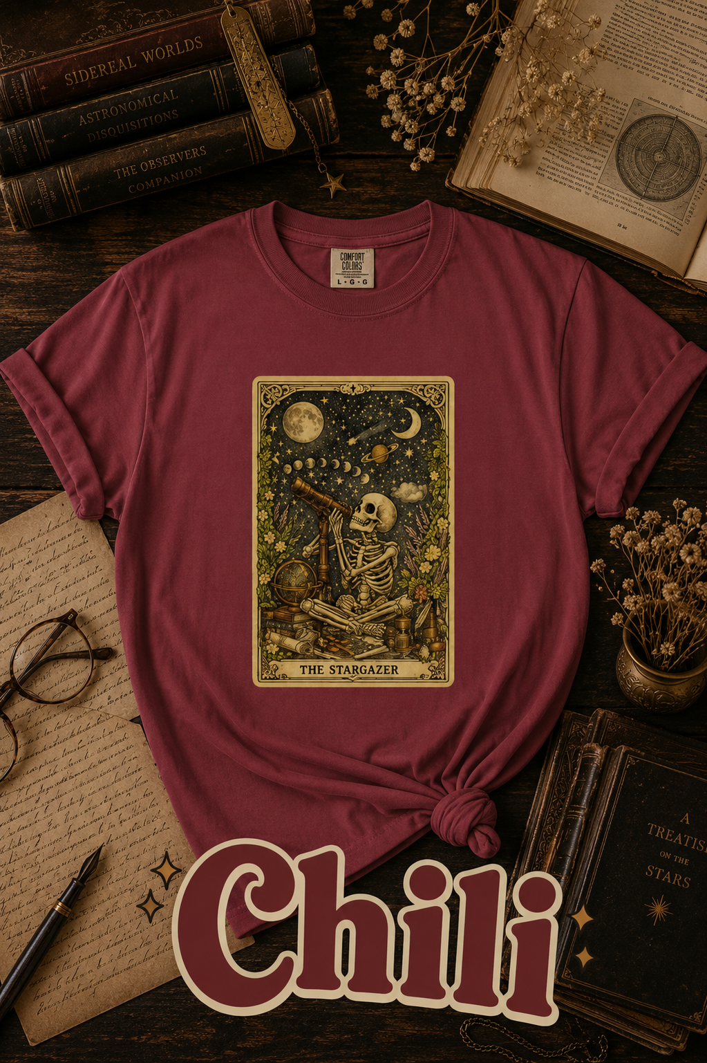 The Stargazer Skeleton Celestial Tarot Graphic T-Shirt