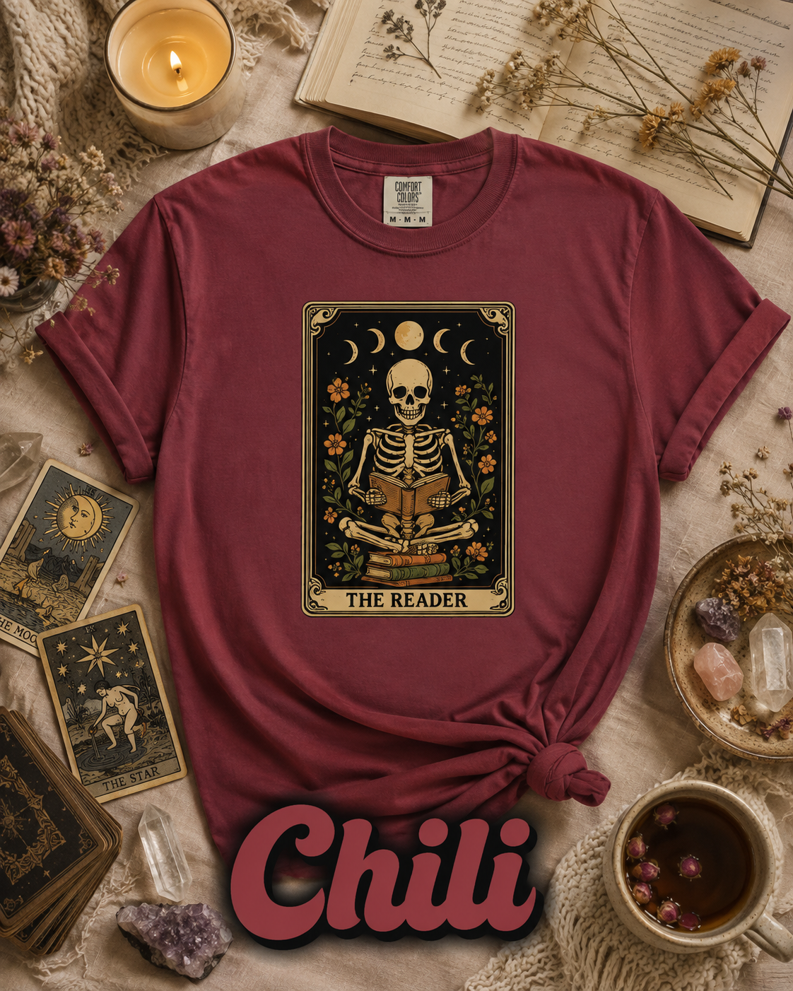 The Reader Skeleton Book Lover Tarot Graphic T-Shirt