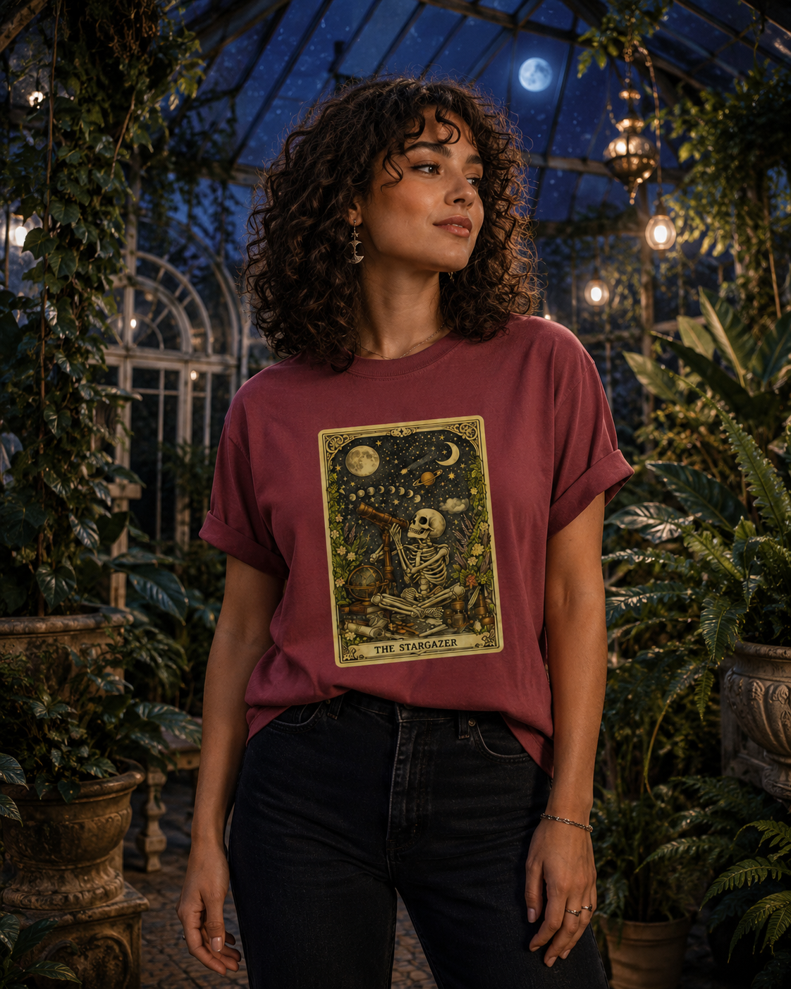 The Stargazer Skeleton Celestial Tarot Graphic T-Shirt