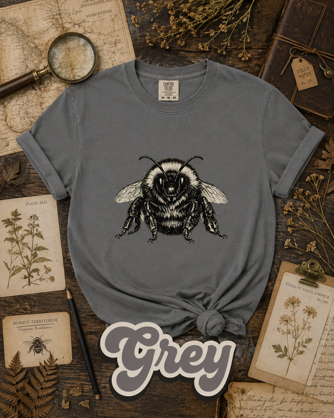 Vintage Bumblebee Botanical Illustration Graphic T-Shirt