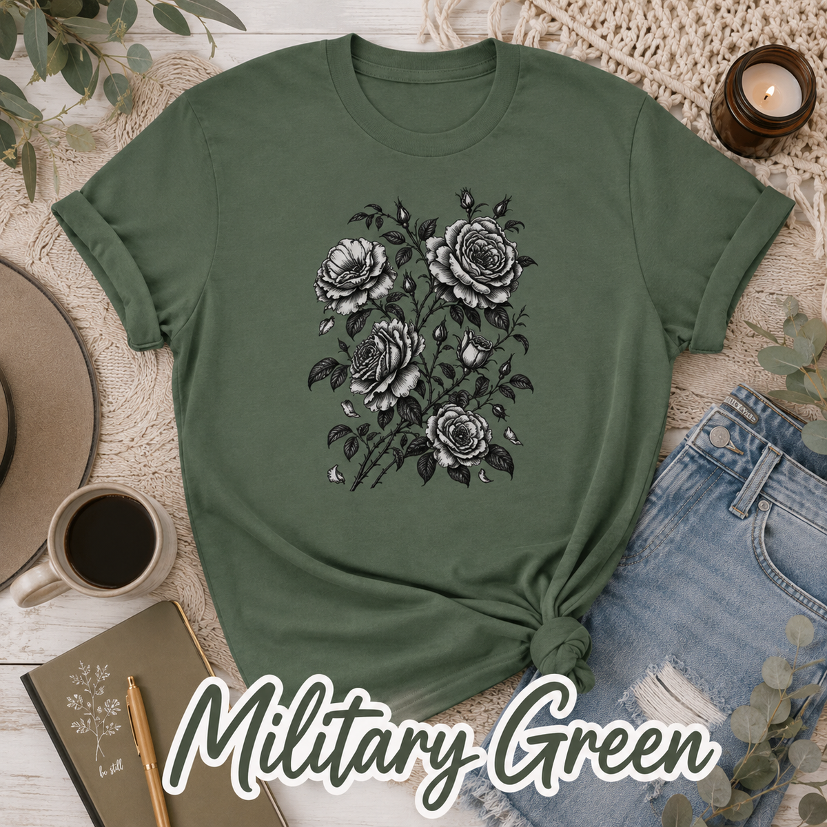 Vintage Rose T-Shirt | Black & White Botanical Floral Tee