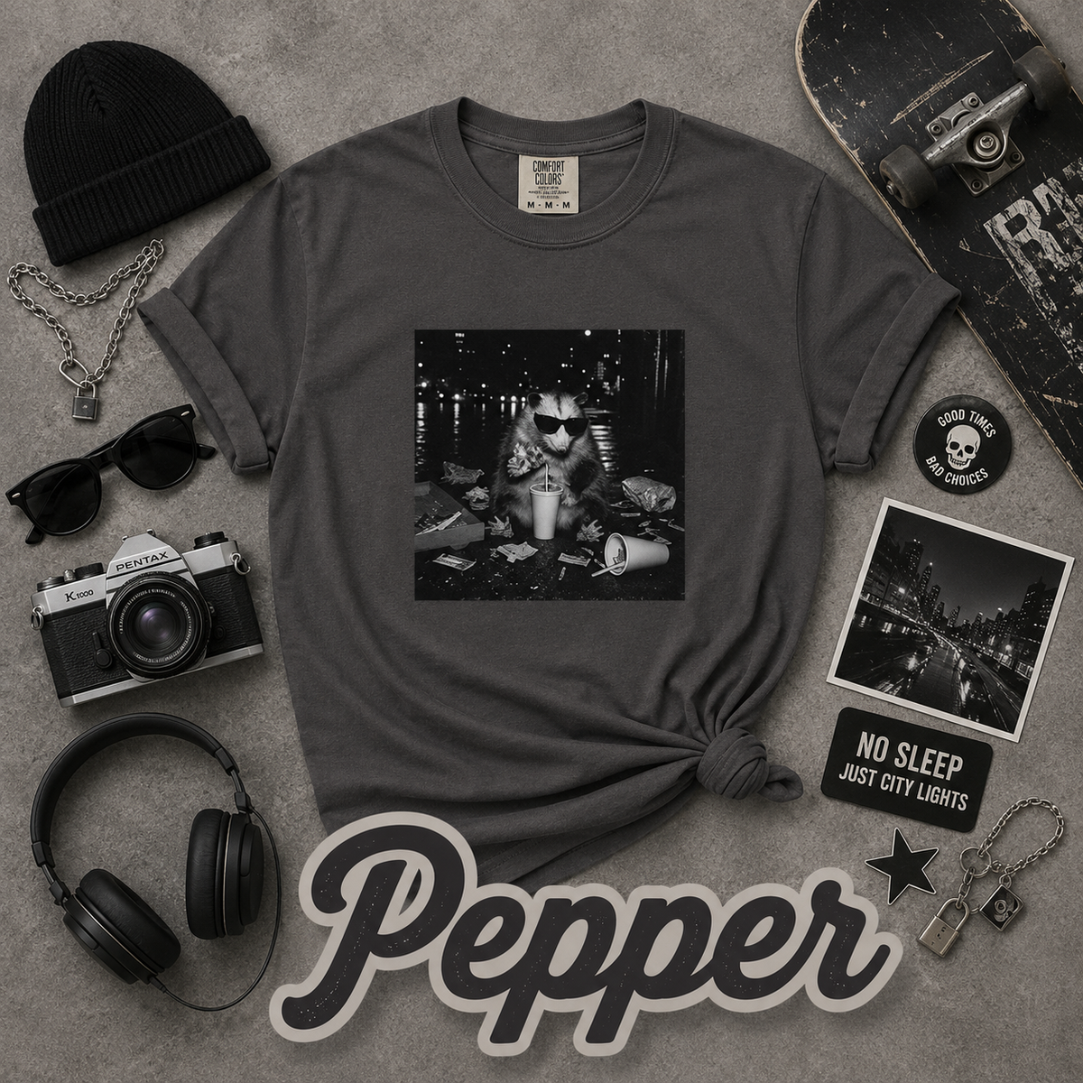 Funny Opossum Sunglasses Pizza Graphic T-Shirt