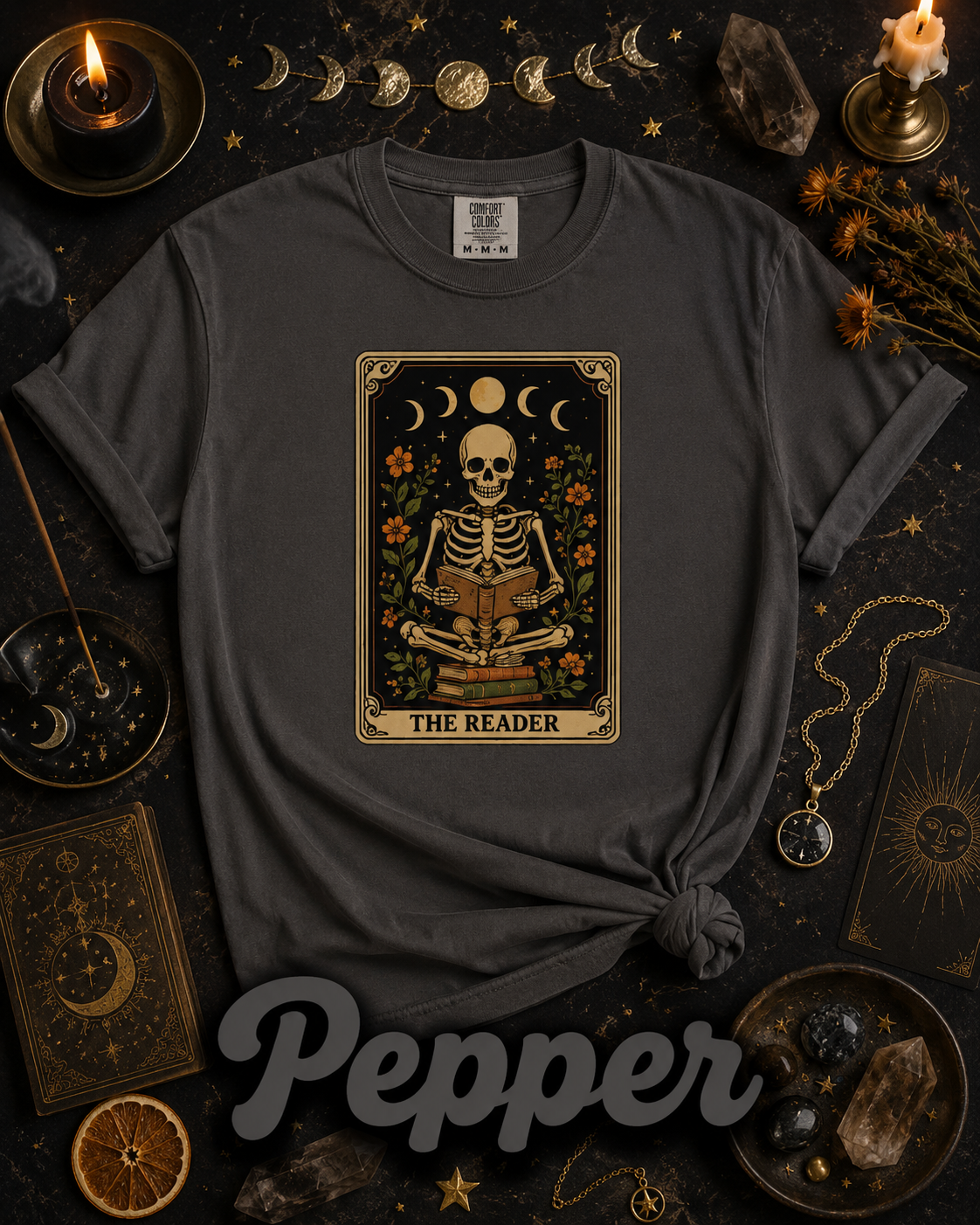 The Reader Skeleton Book Lover Tarot Graphic T-Shirt