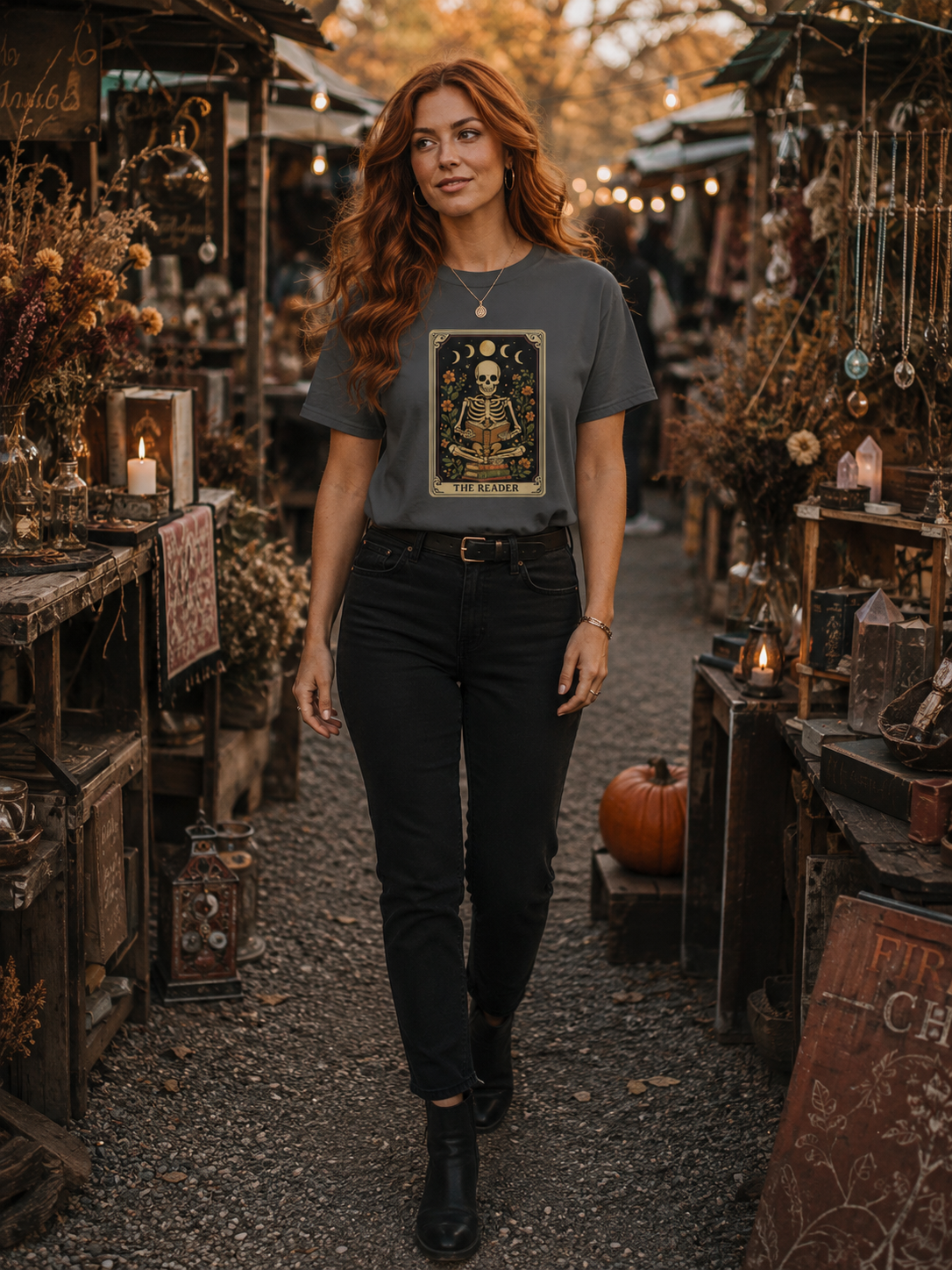 The Reader Skeleton Book Lover Tarot Graphic T-Shirt