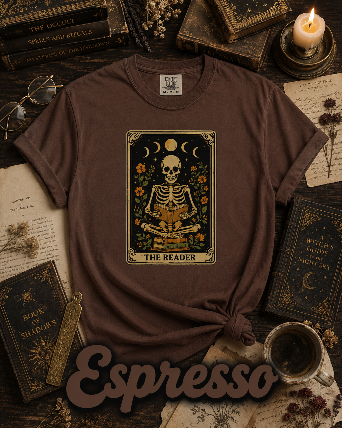 The Reader Skeleton Book Lover Tarot Graphic T-Shirt