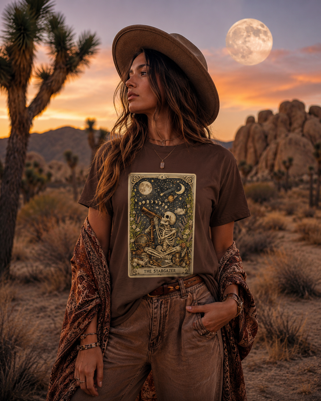 The Stargazer Tarot Skeleton T-Shirt | Celestial Gothic Mystic Graphic Tee
