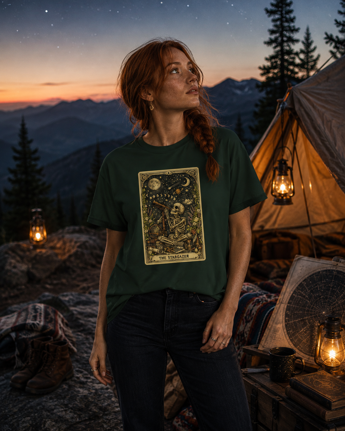 The Stargazer Skeleton Celestial Tarot Graphic T-Shirt