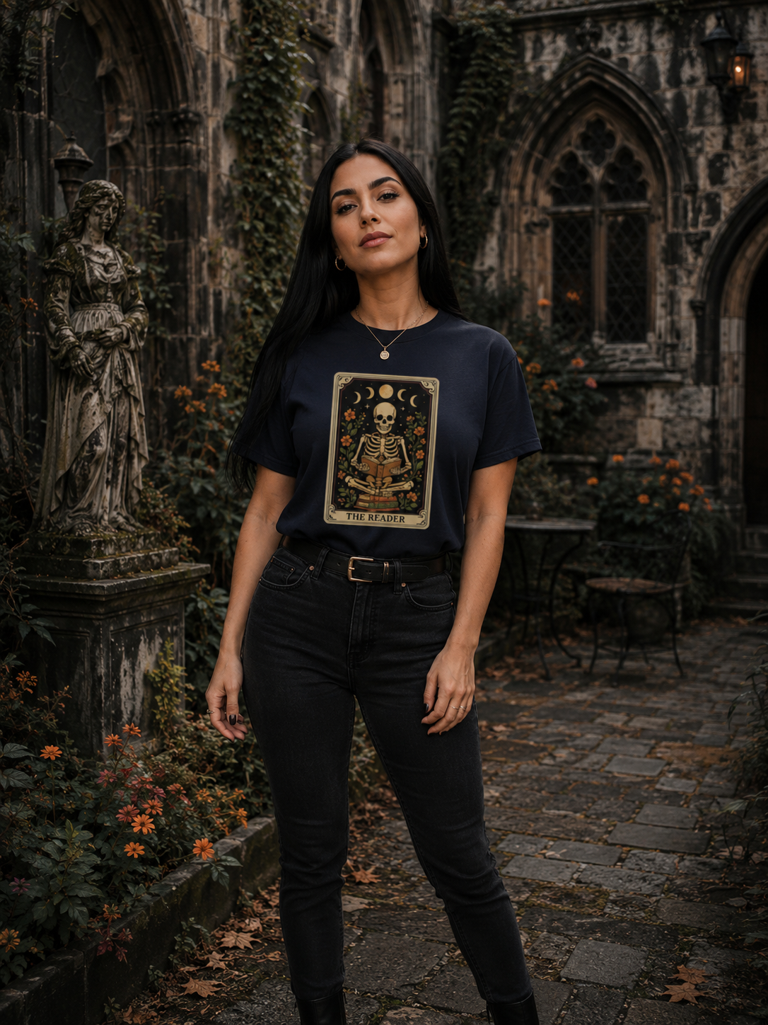 The Reader Skeleton Book Lover Tarot Graphic T-Shirt