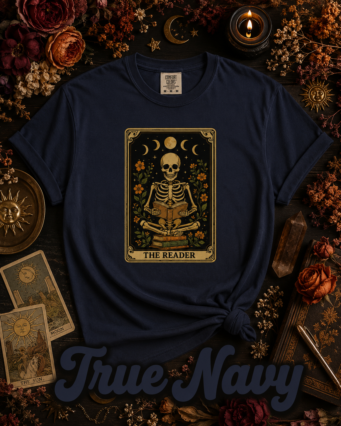 The Reader Skeleton Book Lover Tarot Graphic T-Shirt
