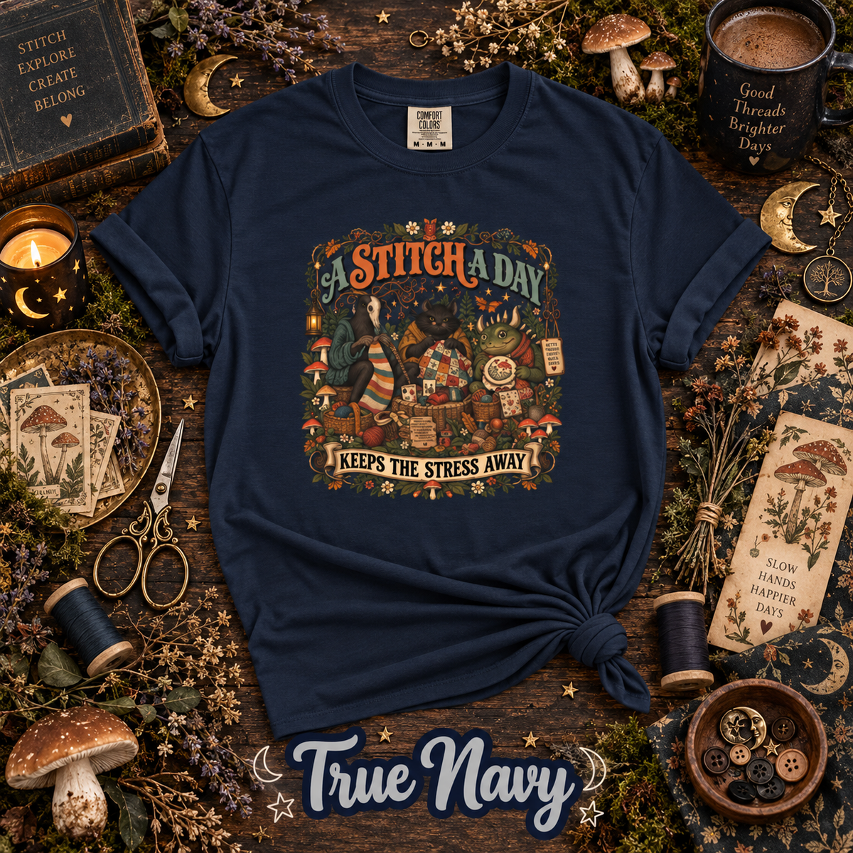A Stitch a Day Keeps the Stress Away T-Shirt | Cozy Cryptid Craft Tee