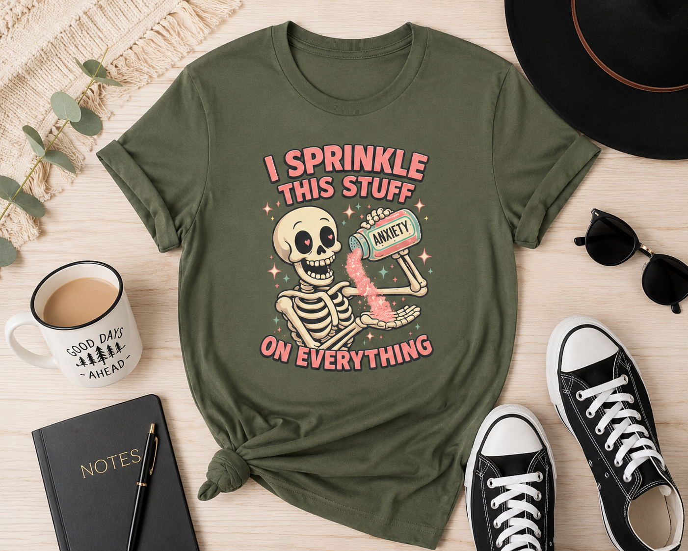 Funny Anxiety Skeleton T-Shirt | I Sprinkle This Stuff on Everything Graphic Tee